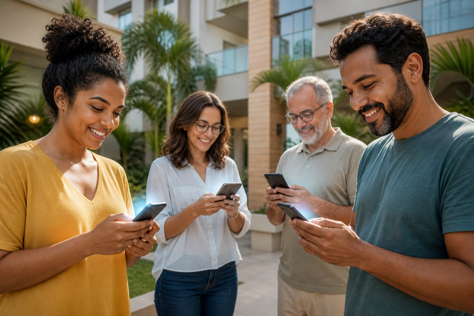 Moradores a ler comunicados no celular